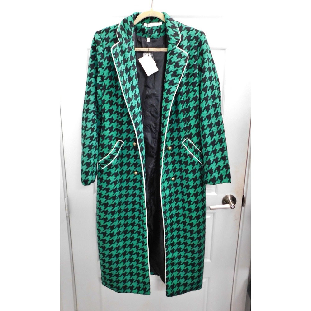 By Egreis Women Green Black Houndstooth Long Open Coat sz S NWT